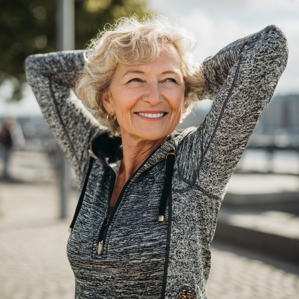 Smiling elderly European woman stretching outdoors in fitness clothing, looking confident and healthy